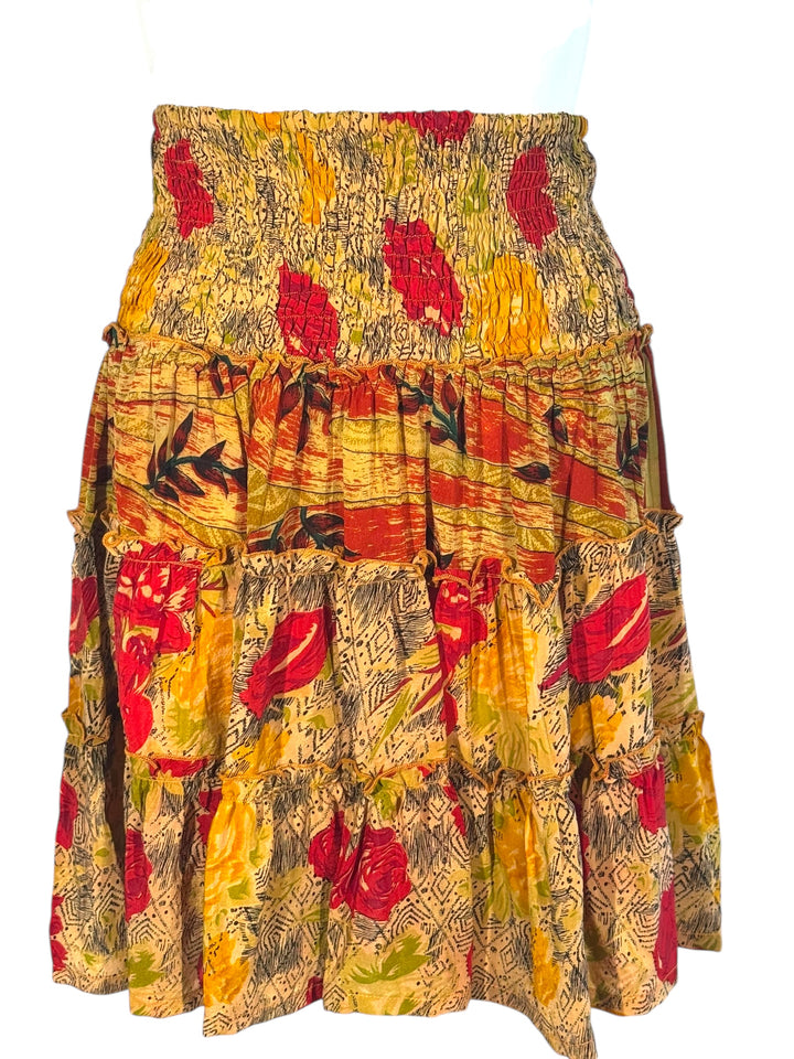 Katie Skirt by Silk Ranch in tan with red and yellow print, elastic waist and tiers, Vintage silk and cold water washable