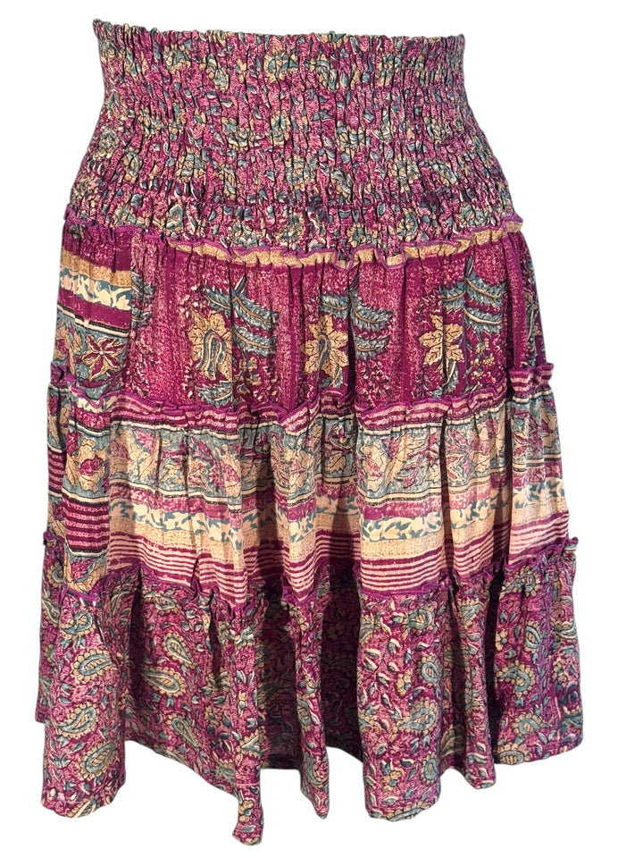 Katie Skirt by Silk Ranch in muted purple floral and paisley print, elastic waist and tiers, Vintage silk and cold water washable