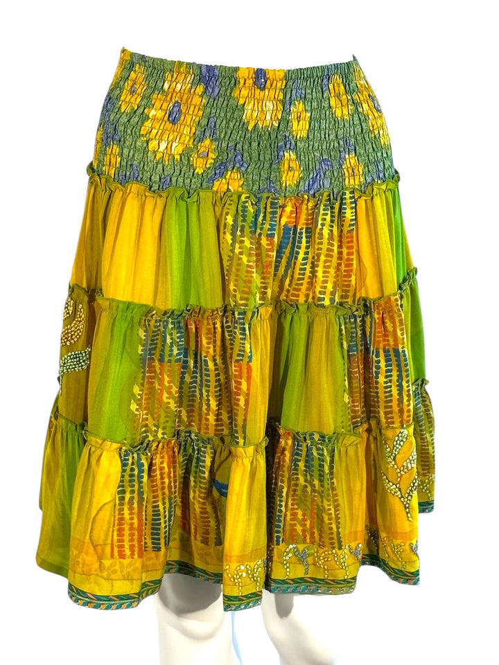 Bright green floral vintage silk Katie skirt by Silk Ranch with gathered elastic top in size L/XL