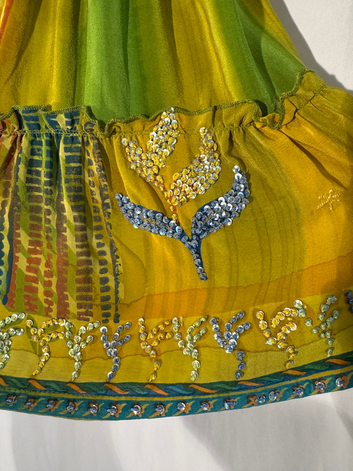 Bright green floral vintage silk Katie skirt by Silk Ranch with gathered elastic top in size L/XL