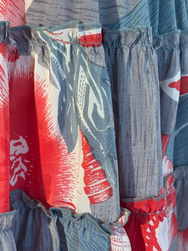 Katie Skirt by Silk Ranch in indigo and Red floral, elastic waist and tiers, Vintage silk and cold water washable