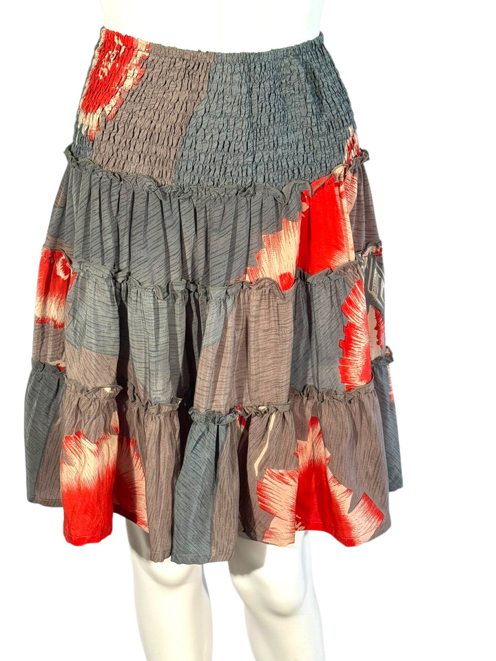 Katie Skirt by Silk Ranch in indigo blue with red floral, elastic wais and tiers