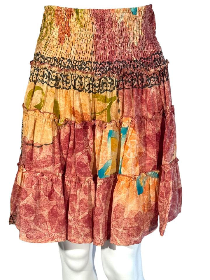 Katie Skirt by Silk Ranch in itan and muted pink floral, elastic waist and tiers, Vintage silk and cold water washable