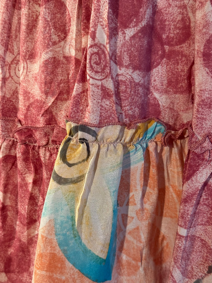 Katie Skirt by Silk Ranch in itan and muted pink floral, elastic waist and tiers, Vintage silk and cold water washable