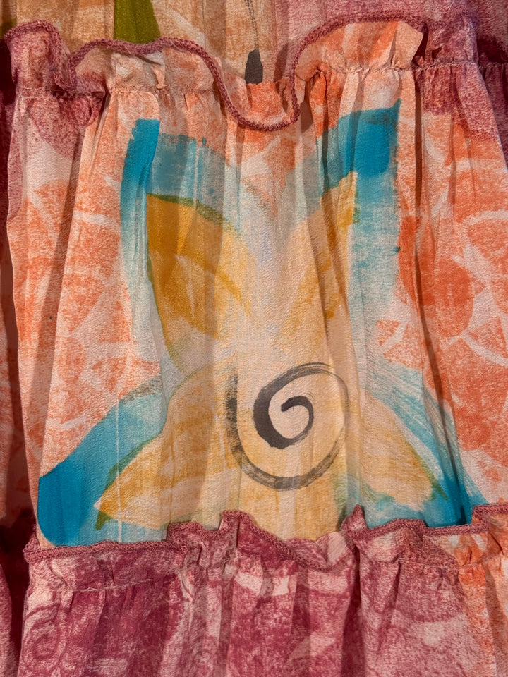 Katie Skirt by Silk Ranch in itan and muted pink floral, elastic waist and tiers, Vintage silk and cold water washable