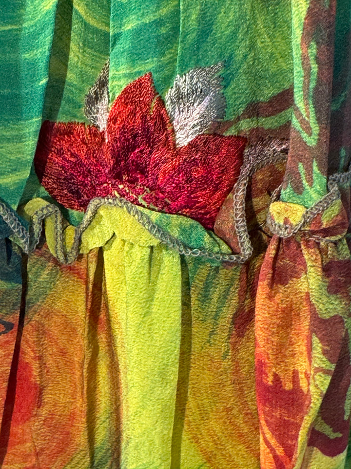 Katie Skirt by Silk Ranch in green and red floral, elastic waist and tiers, Vintage silk and cold water washable