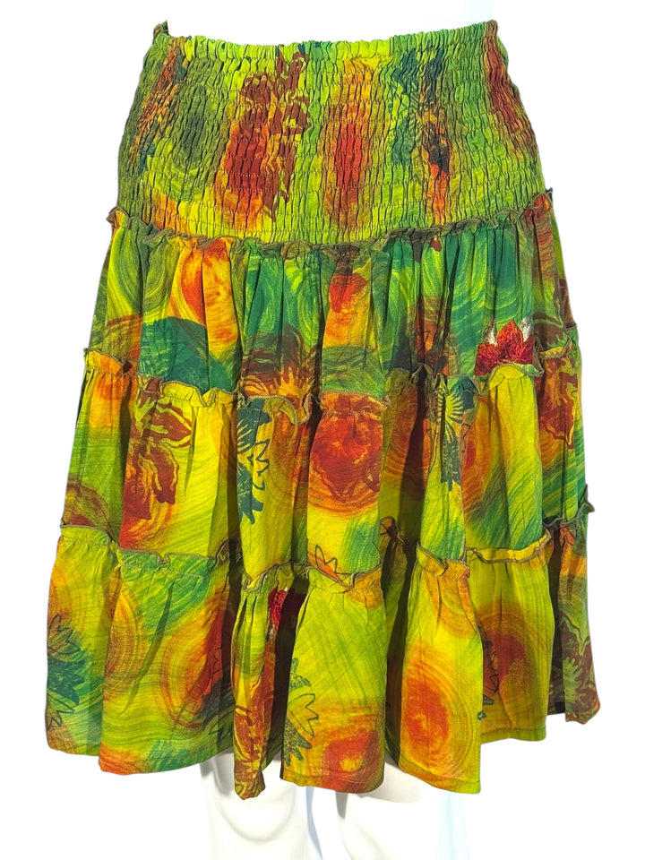 Katie Skirt by Silk Ranch in green and red floral, elastic waist and tiers, Vintage silk and cold water washable
