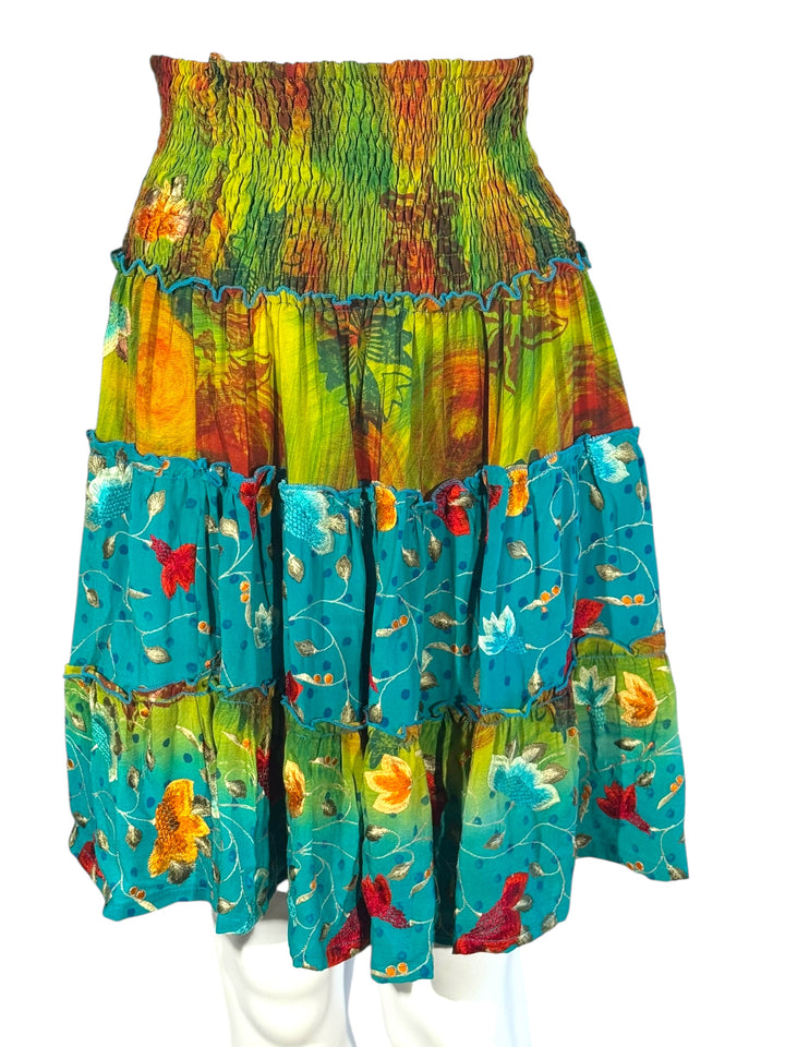 Katie Skirt by Silk Ranch in green and teal and red floral, elastic waist and tiers, Vintage silk and cold water washable
