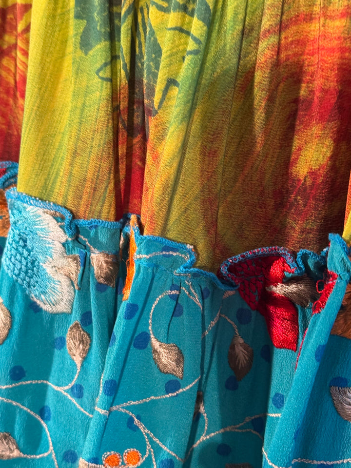 Katie Skirt by Silk Ranch in green and teal and red floral, elastic waist and tiers, Vintage silk and cold water washable