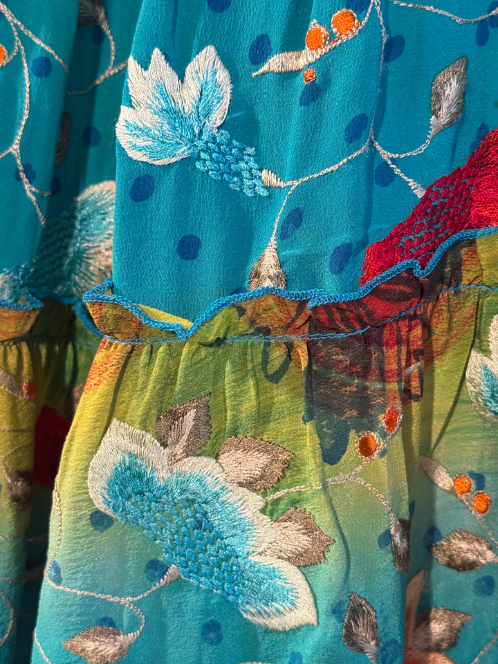 Katie Skirt by Silk Ranch in green and teal and red floral, elastic waist and tiers, Vintage silk and cold water washable