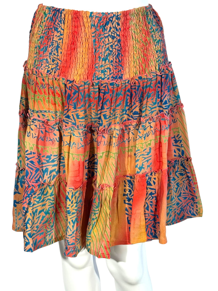 Katie Skirt by Silk Ranch in pink and muted blue print, elastic waist and tiers, Vintage silk and cold water washable