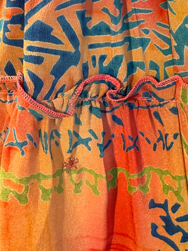 Katie Skirt by Silk Ranch in pink and muted blue print, elastic waist and tiers, Vintage silk and cold water washable