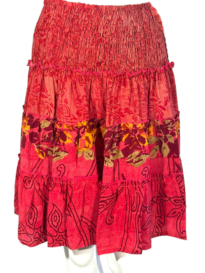 Katie Skirt by Silk Ranch in red and muted tonal print, elastic waist and tiers, Vintage silk and cold water washable