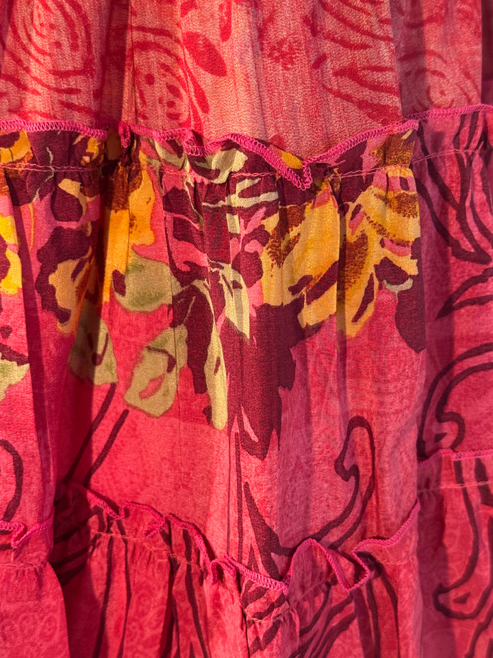 Katie Skirt by Silk Ranch in red and muted tonal print, elastic waist and tiers, Vintage silk and cold water washable