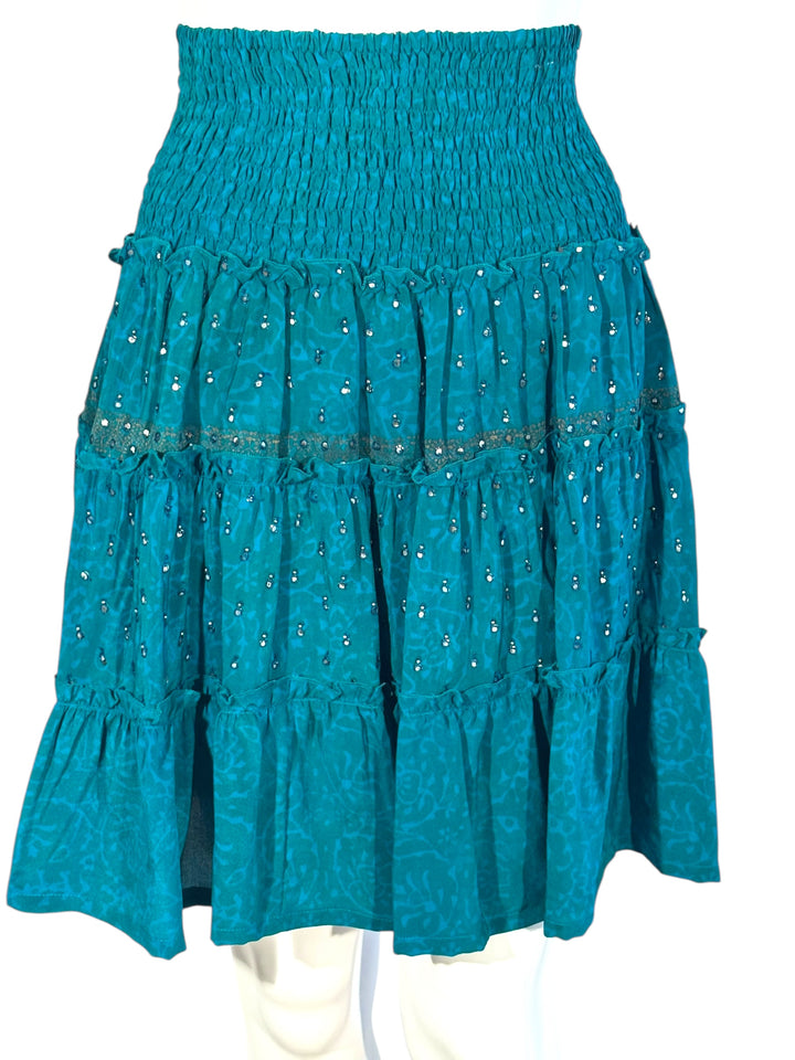 Katie Skirt by Silk Ranch in bright blue and muted blue print with sequins, elastic waist and tiers, Vintage silk and cold water washable