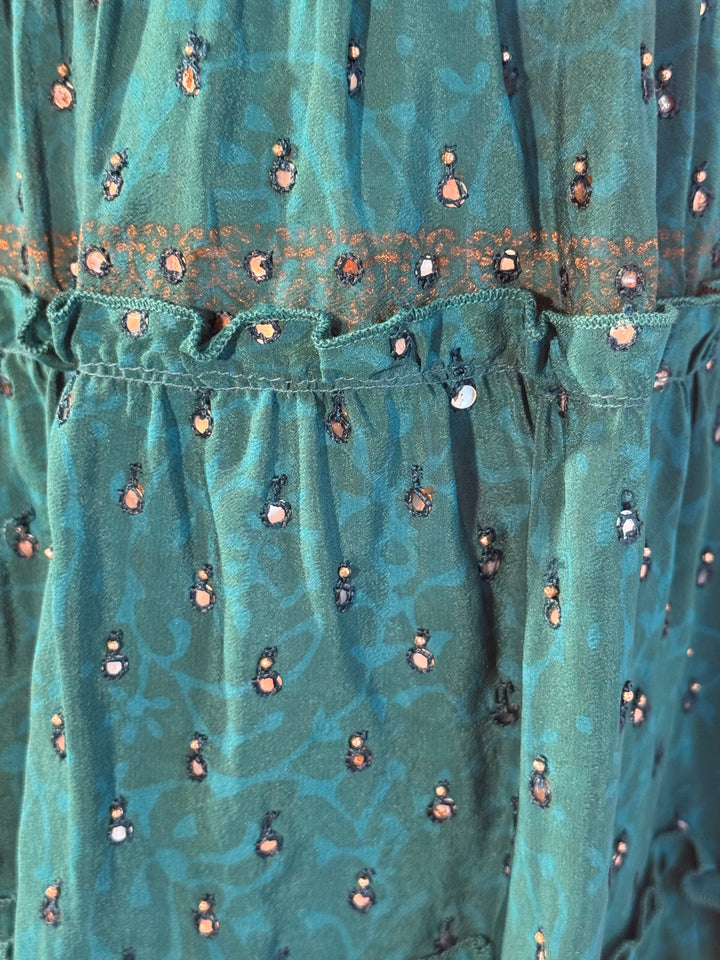 Katie Skirt by Silk Ranch in bright blue and muted blue print with sequins, elastic waist and tiers, Vintage silk and cold water washable