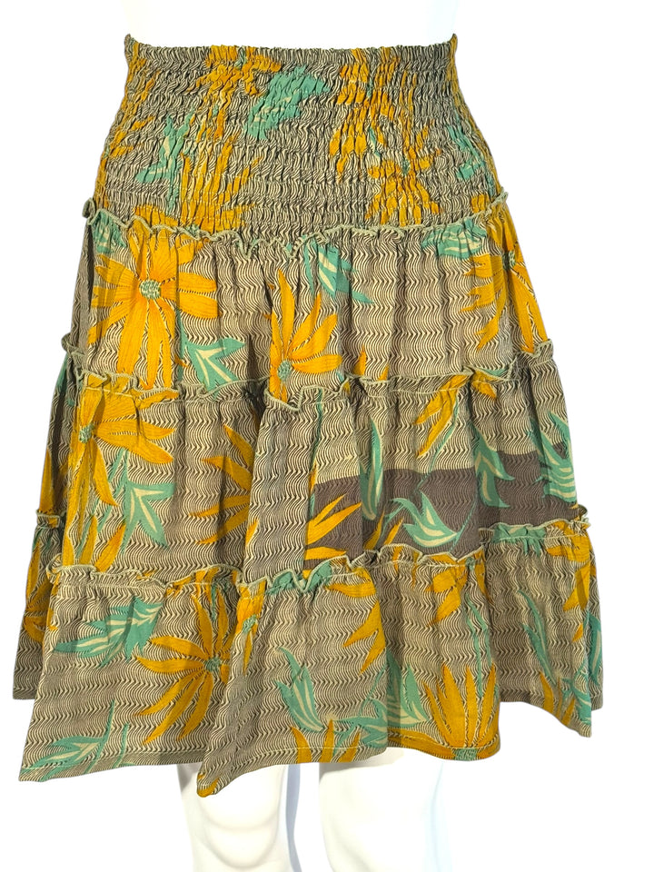 Katie Skirt by Silk Ranch in tan and yellow and green botanical print, elastic waist and tiers, Vintage silk and cold water washable