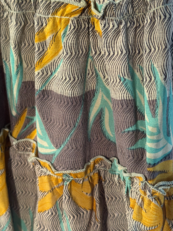 Katie Skirt by Silk Ranch in tan and yellow and green botanical print, elastic waist and tiers, Vintage silk and cold water washable