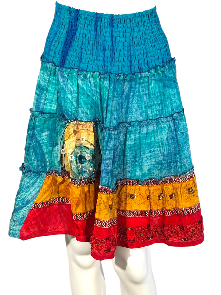 Katie Skirt by Silk Ranch in bliue and red, and yellow, elastic waist and tiers, Vintage silk and cold water washable