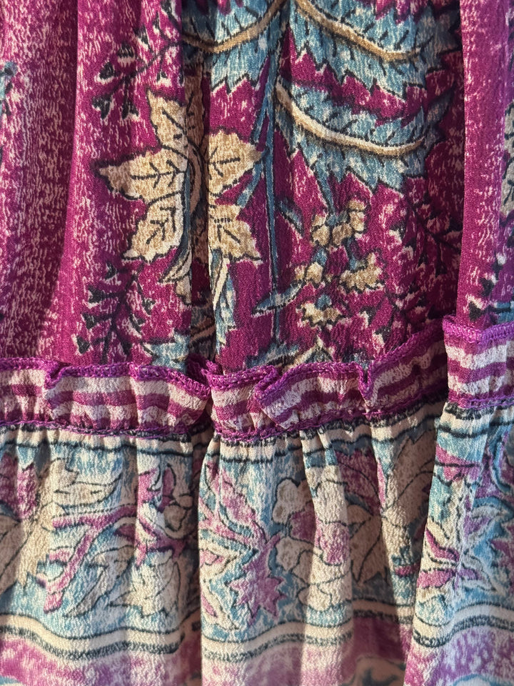 Katie Skirt by Silk Ranch in muted purple floral and paisley print, elastic waist and tiers, Vintage silk and cold water washable