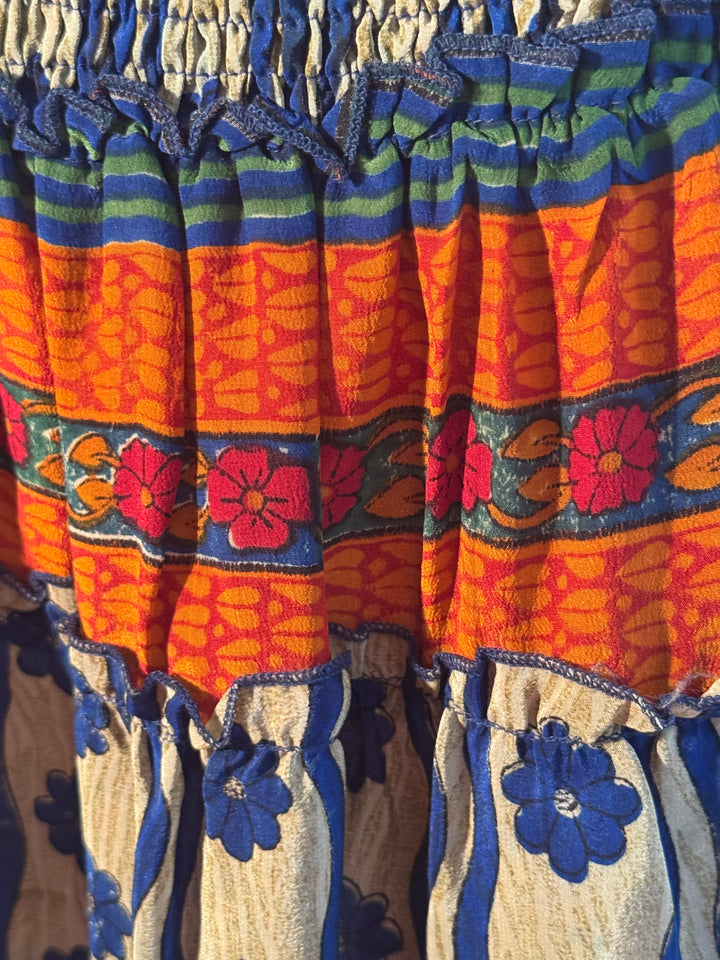 Katie Skirt by Silk Ranch in tan and  blue and orange print, elastic waist and tiers, Vintage silk and cold water washable