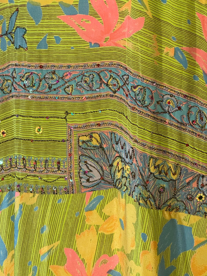 Bright green with yellow pink and blue vintage silk floral with metallic embroidery