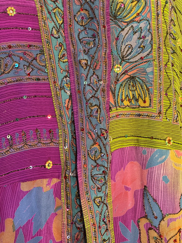 Bright green with yellow pink and blue vintage silk floral with metallic embroidery