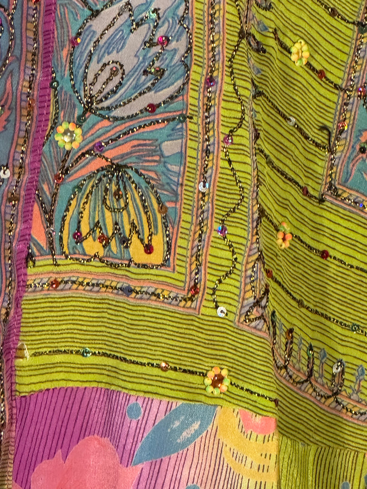 Bright green with yellow pink and blue vintage silk floral with metallic embroidery