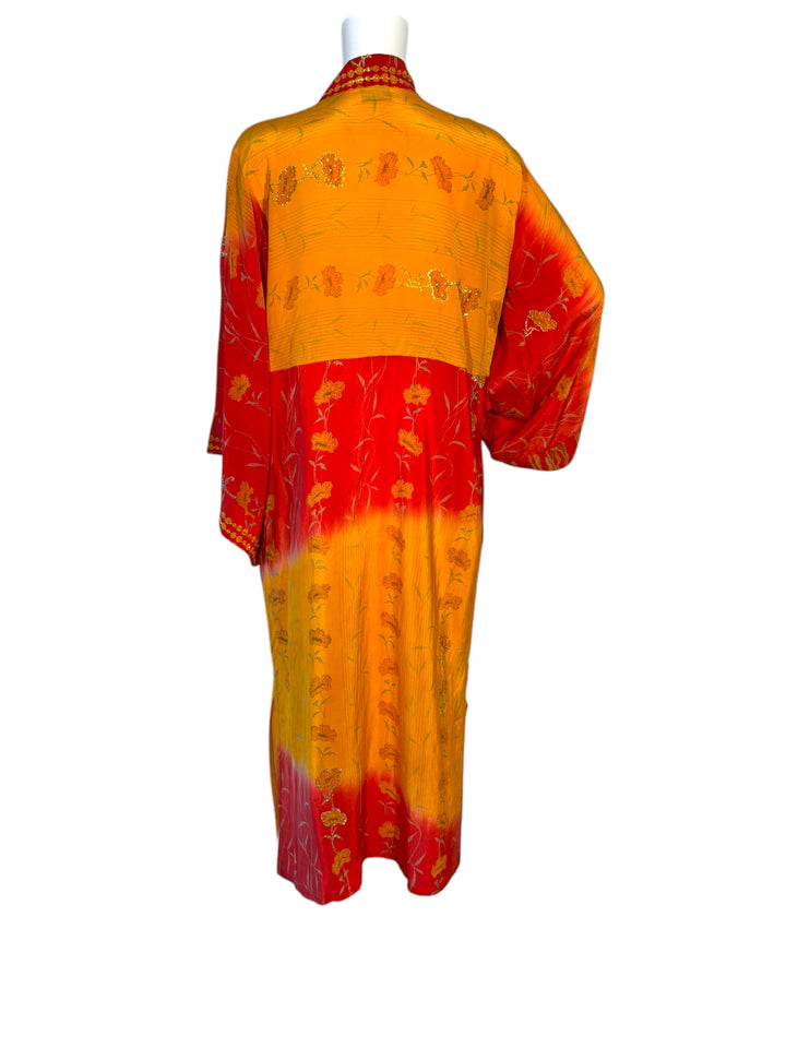 Back view of yellow and red  vintage silk kimono with floral pattern and metallic embroidery
