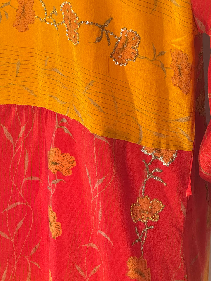 Yellow and red  vintage silk with floral pattern and metallic embroidery