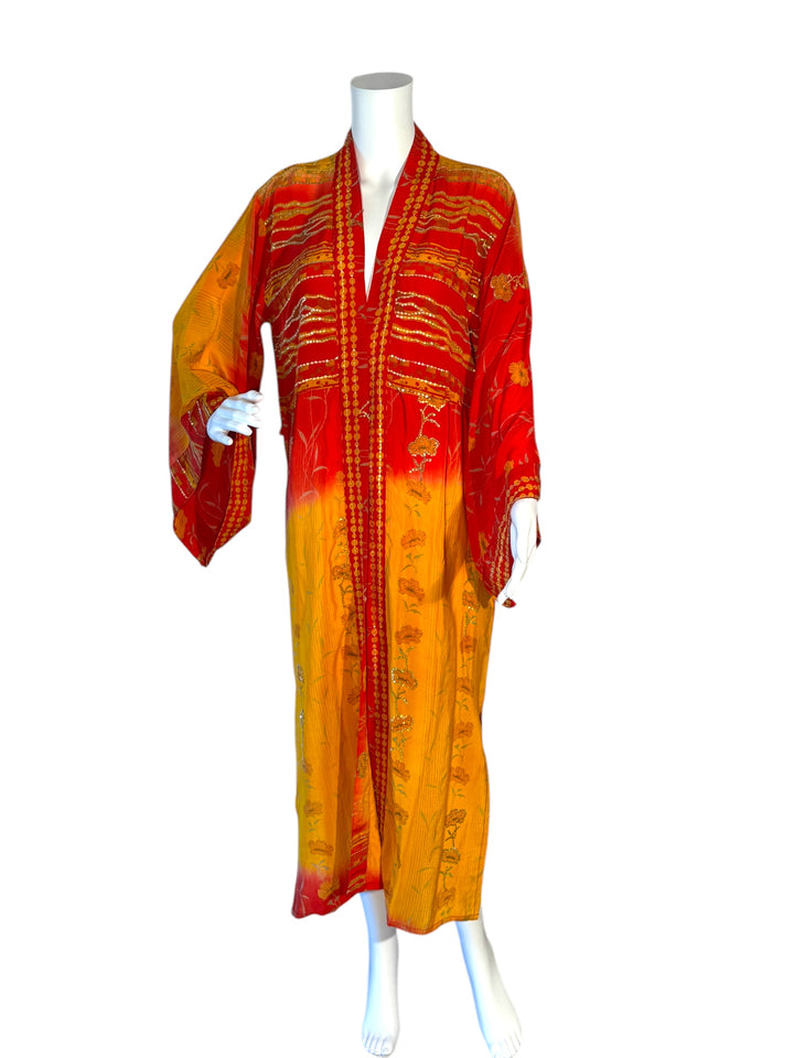 Front view of kimono in yellow and red  vintage silk with floral pattern and metallic embroidery