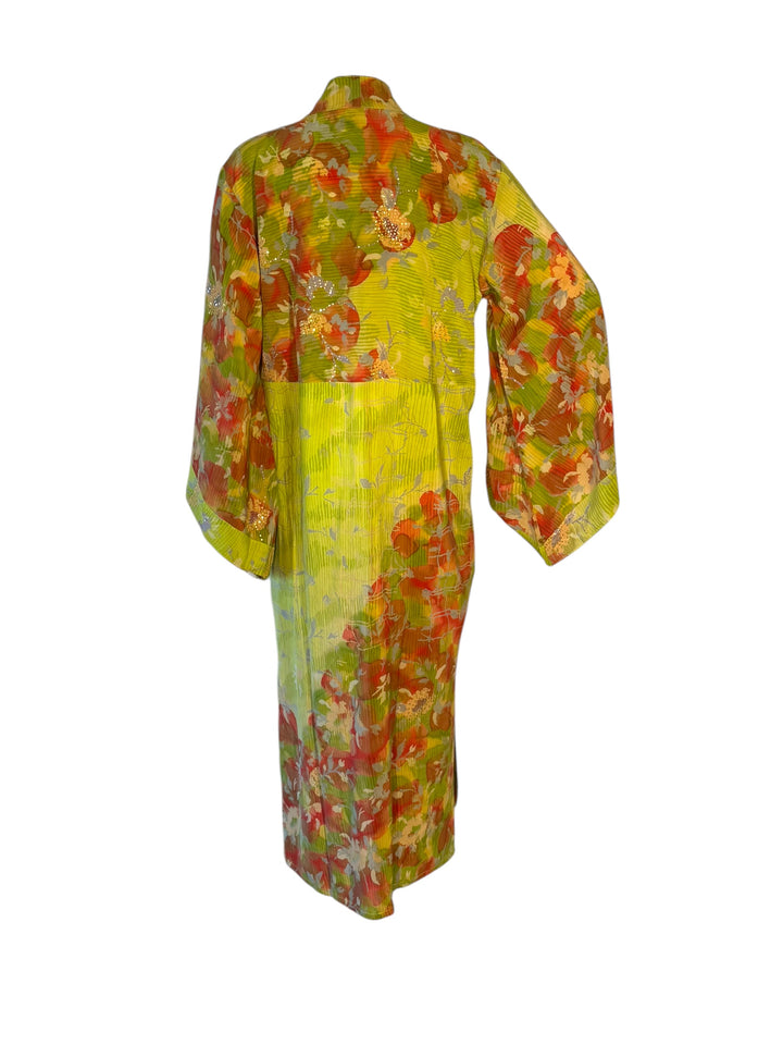 Back view of kimono in yellow green vintage silk with red floral print and silver embroidery