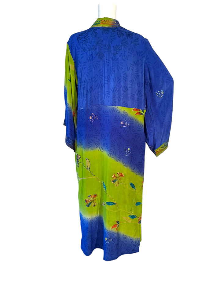 Back view of bright blue and green vintage silk kimono with embroidered flowers