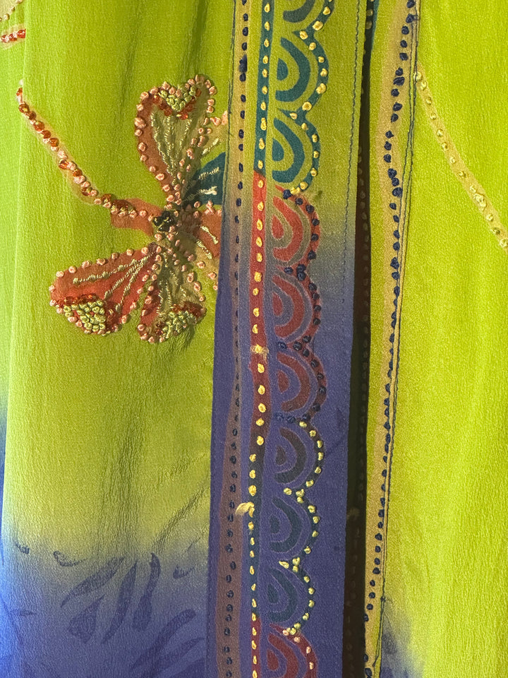 Bright green and blue vintage silk with embroidered flowers