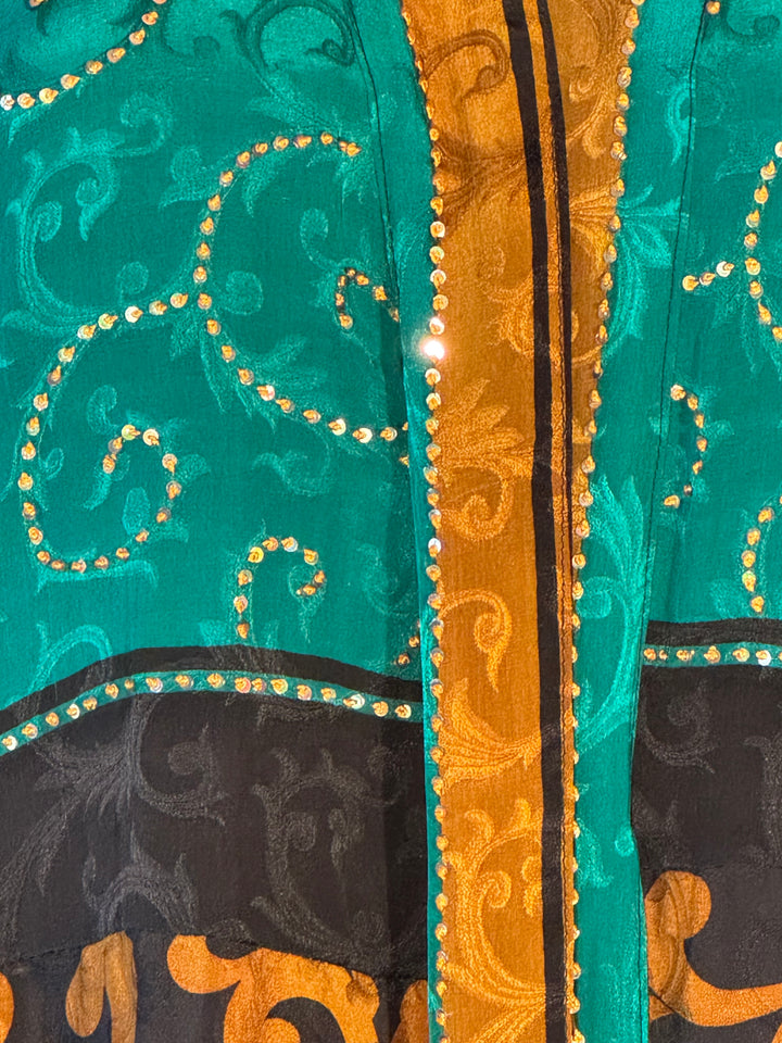 Dark brown with blue and gold vine patterned vintage silk with gold sequins