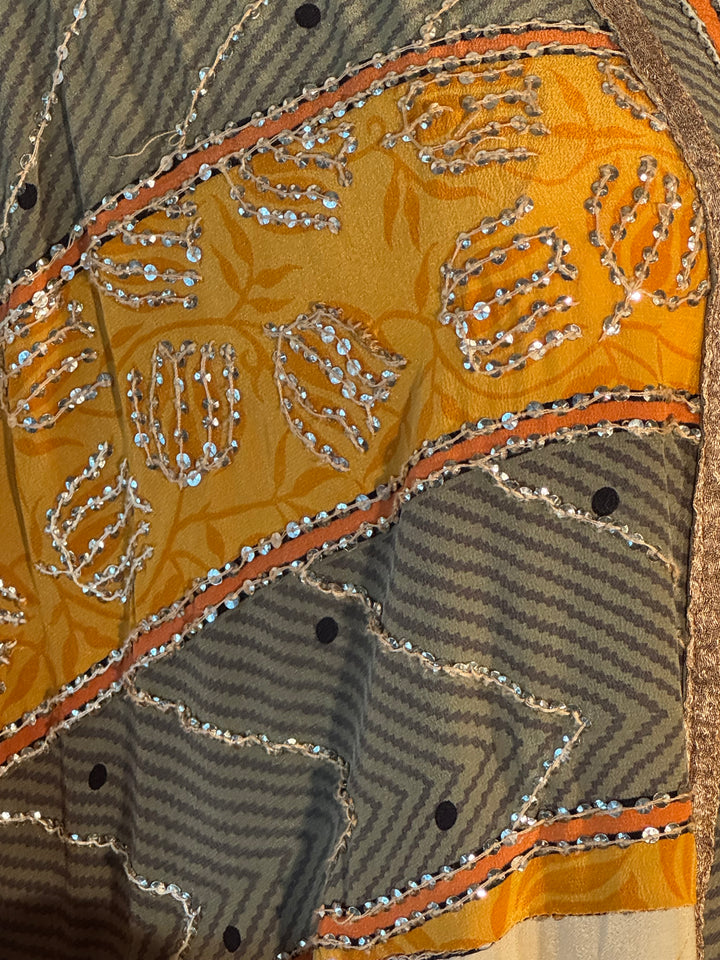 Yellow and grey vintage silk with sequined embroidery