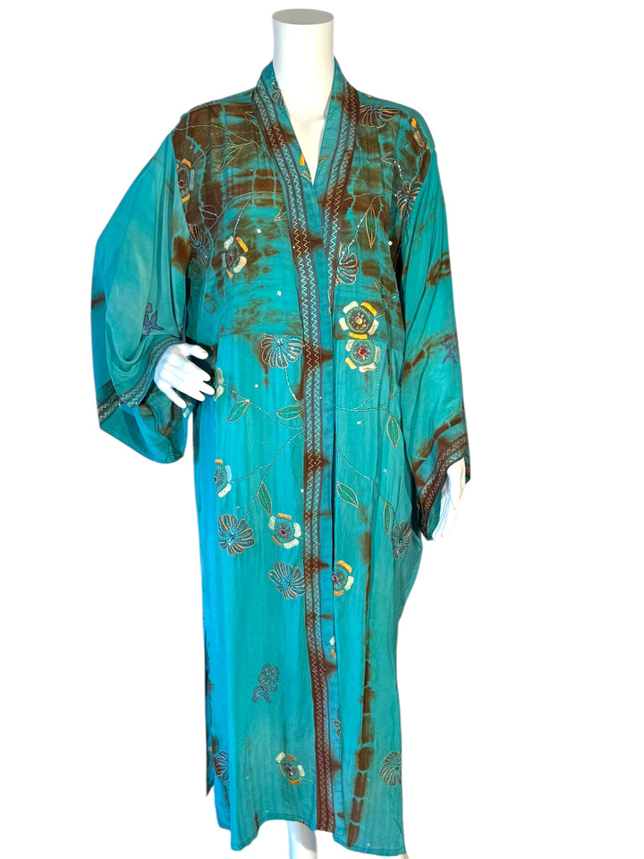 Blue dip dyed vintage silk kimono with floral embroidery and sequins