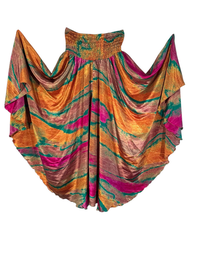 Rainbow pink, tan, orange swirl ecycled silk palazzo pant 36" length from waist