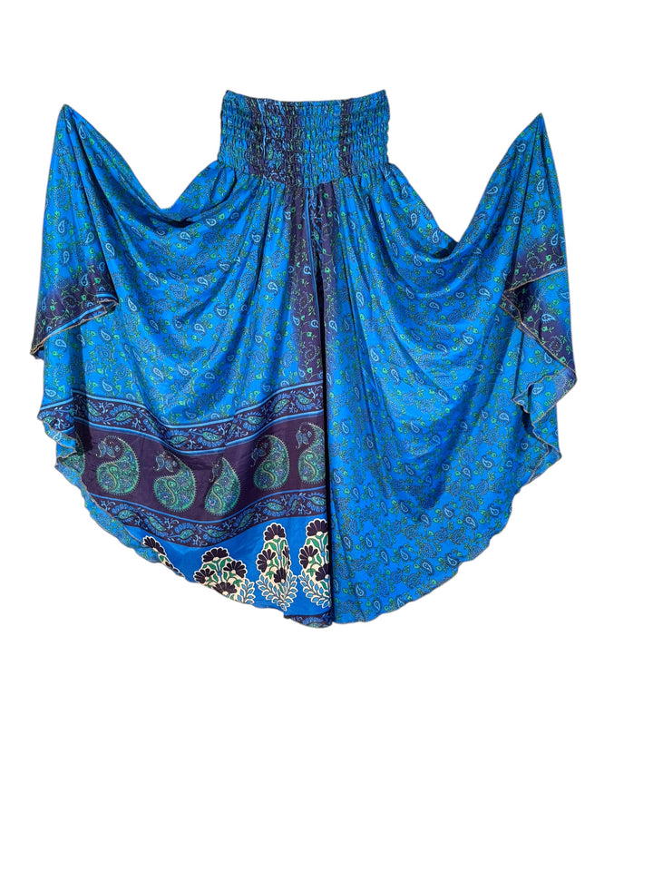 Blue print palazzo pant in upcycled silk 36" from waist