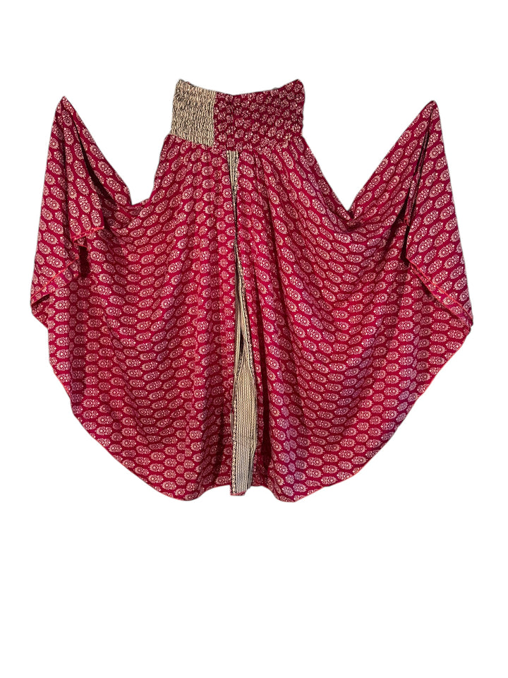 Red & cream print palazzo pant in upcycled silk 36" from waist