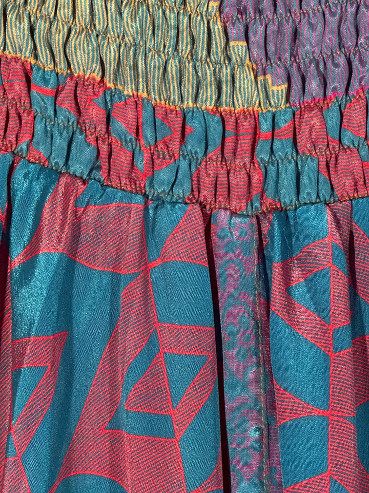 Blue and red geometric print  in upcycled silk