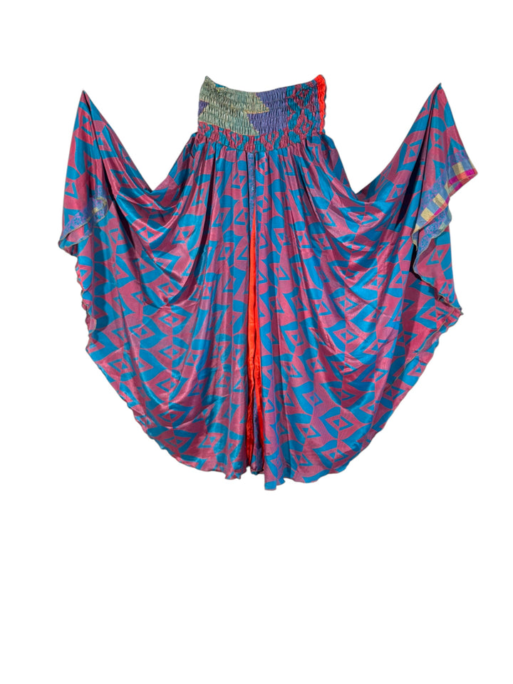 Blue and red geometric print palazzo pant in upcycled silk 36" from waist