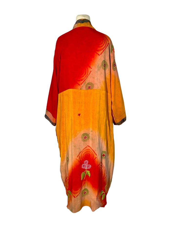 back view of red and yellow interior vintage silk in reversible kimono