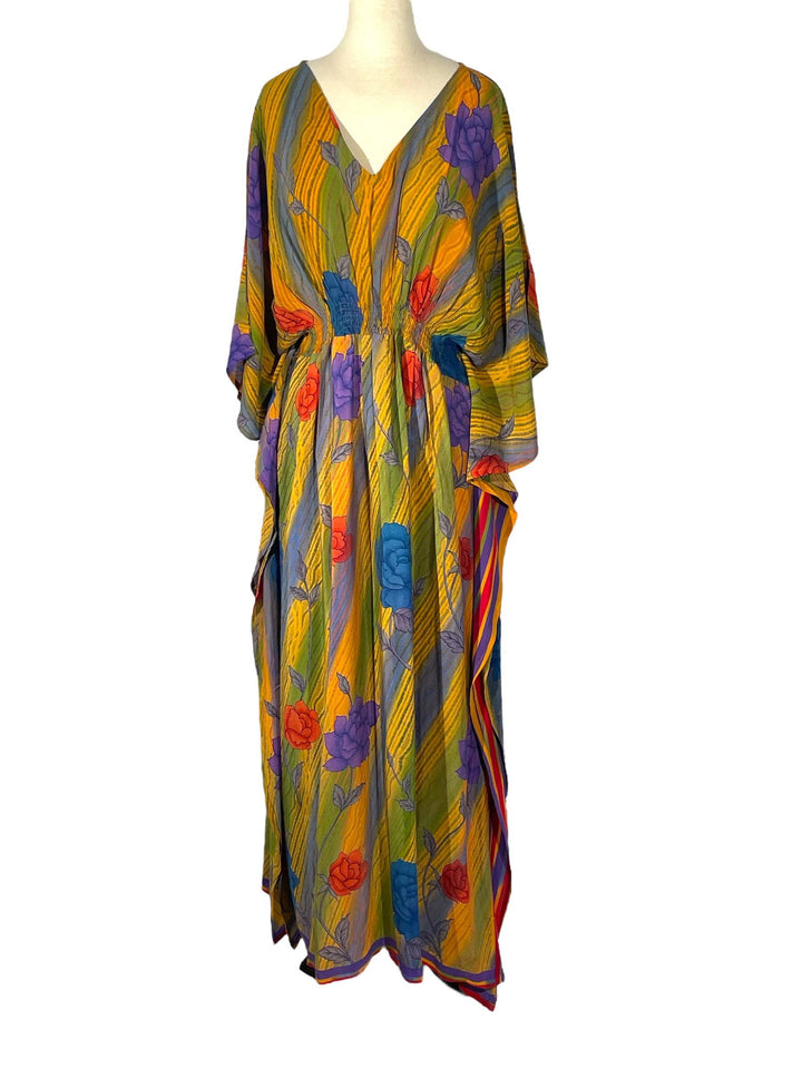 Sustainable green & multi color silk kaftan - large floral print. V neck maxi length from vintage saree silk. Cold water washable. Easy to style and light and airy to wear.