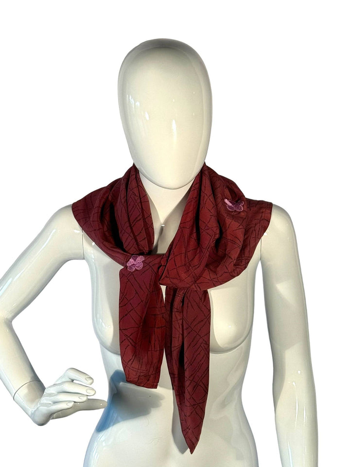 Red print vintage silk bandana with pink embroidery