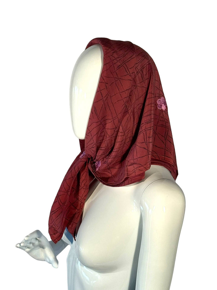 Red print vintage silk bandana with pink embroidery