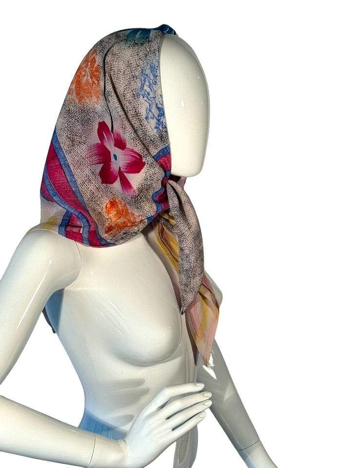 Yellow, gray and pink print vintage silk bandana