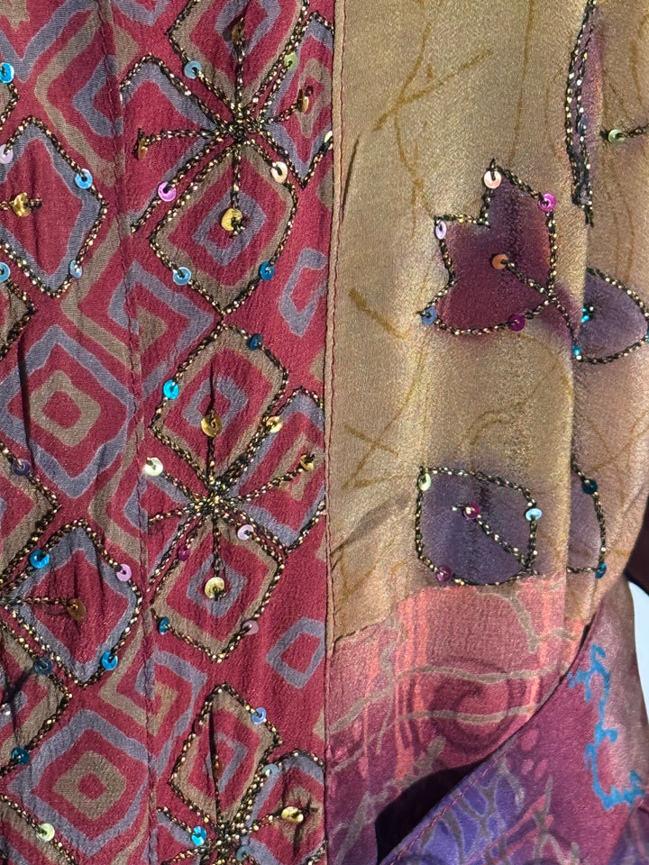 Red and tan vintage silk with blue and purple graphic and floral pattern and sequins and embroidery