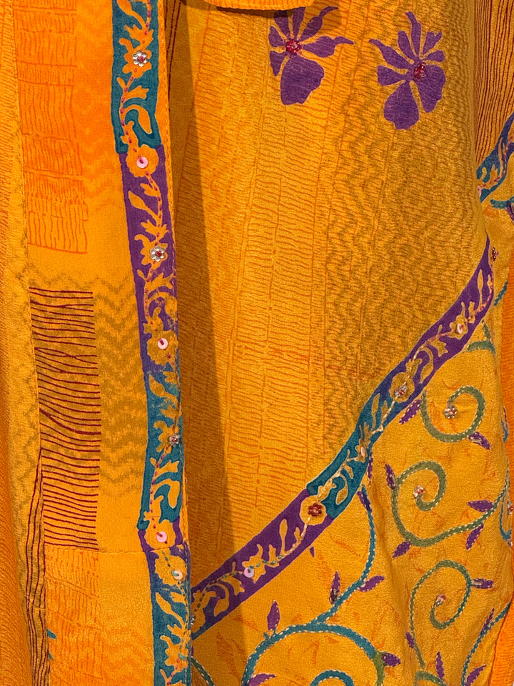Orange vintage silk with green and purple floral design and sequins and embroidery