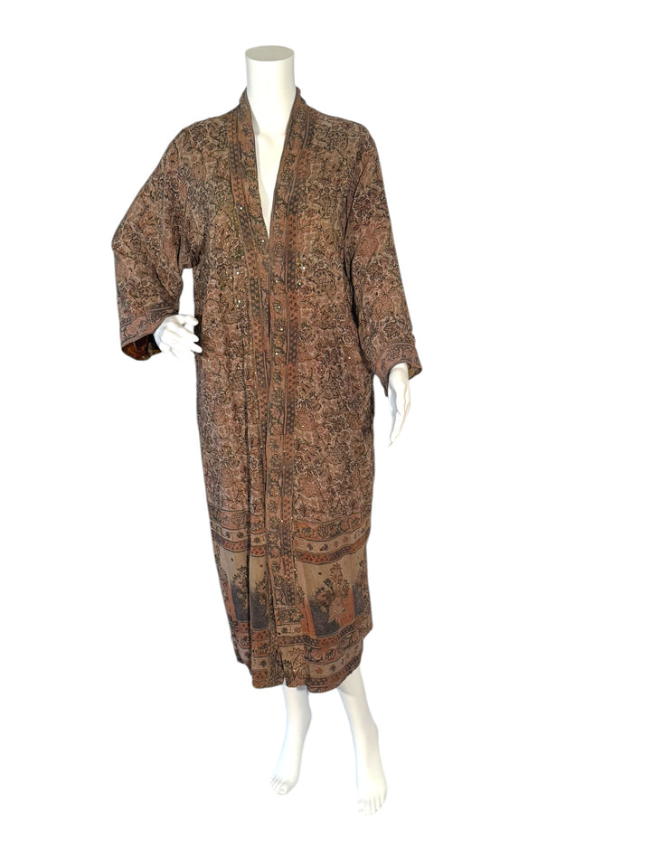 Inside front view of reversible kimono in tan black and rust floral with gold embroidery
